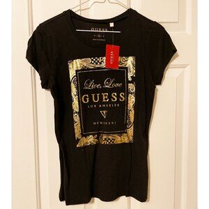 Guess Black Graphic T-Shirt with Gold Design.